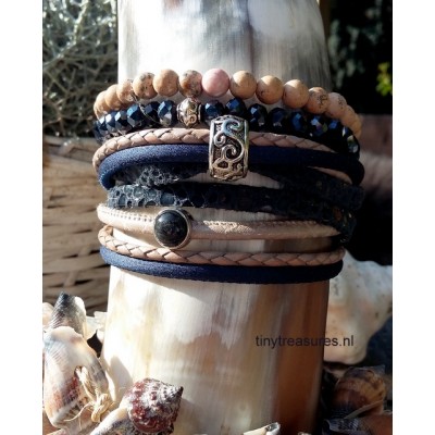 leren wikkelarmband donkerblauw/beige leren wikkelarmband donkerblauw/beige